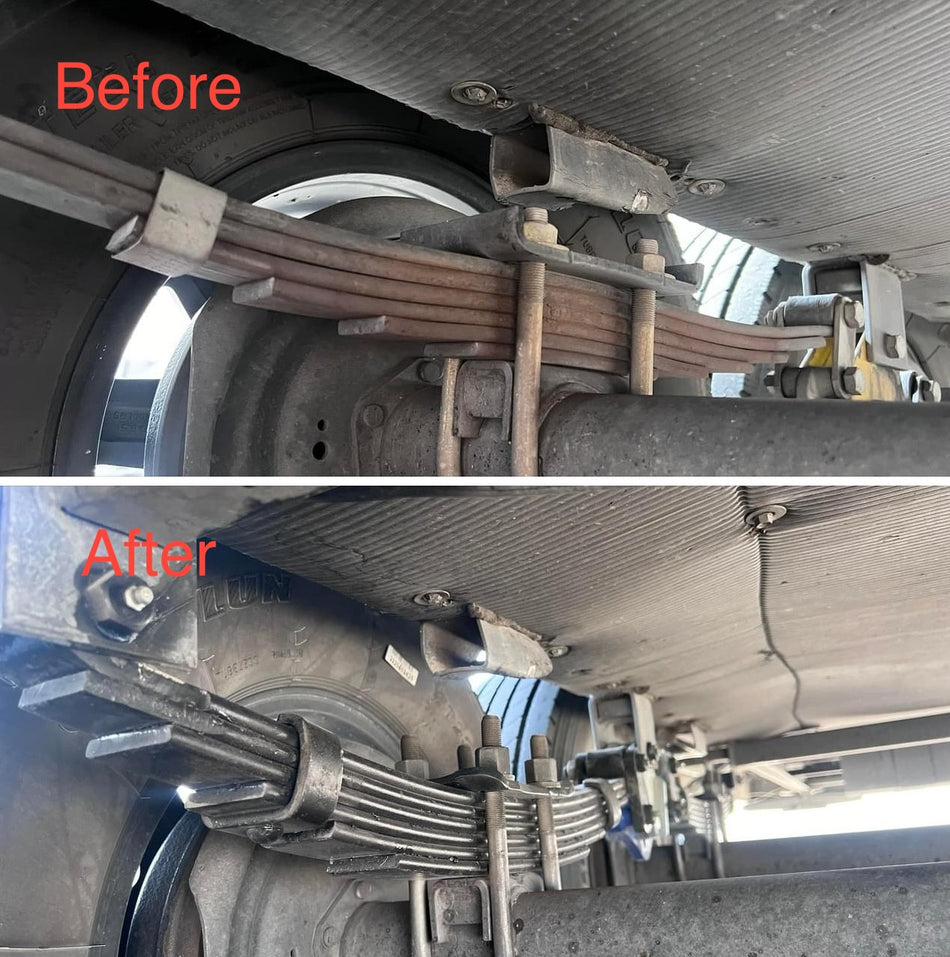Before and after. Stock vs Alcan trailer suspension.